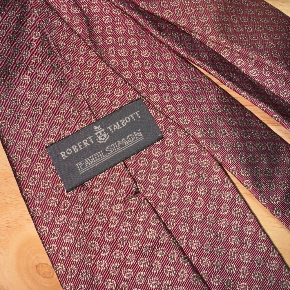 Robert Talbott for Paul Simon Men's Silk Tie Soft Burgandy Gold Mini Paisley - Picture 4 of 8